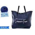 Ψάθινη τσάντα θαλάσσης "Happy Summer Time" σε σκούρη μπλε απόχρωση 52x14x38cm