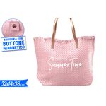 Ψάθινη τσάντα θαλάσσης "Happy Summer Time" σε ροζ απόχρωση 52x14x38cm