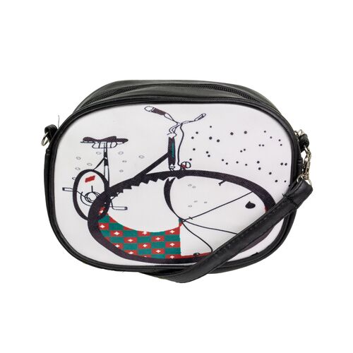 Τσάντα χιαστί μαύρη οβάλ bicycle print 23x23cm