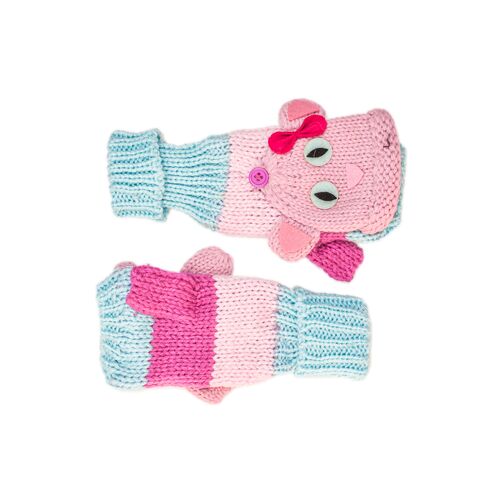 Γάντια παιδικά ροζ-γαλάζια πλεκτά με καπάκι και fleece επένδυση