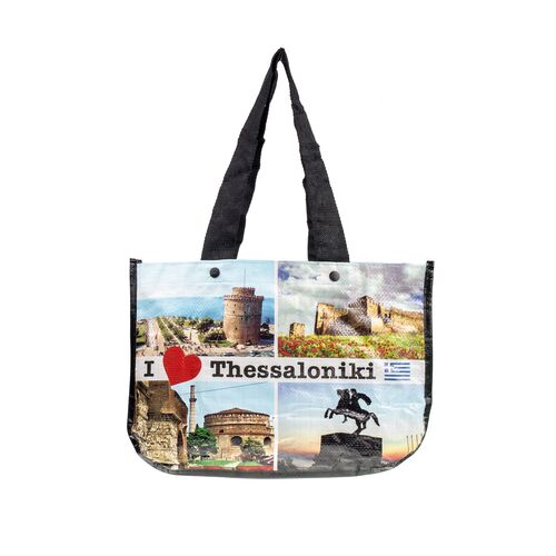 Τσάντα μαύρη ανακυκλωμένο πλαστικό με εικόνες I love Thessaloniki 34x24x11cm