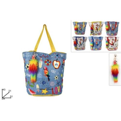 Τσάντα θαλάσσης με μπρελόκ παπαγάλο σε 2 σχέδια και 3 χρώματα