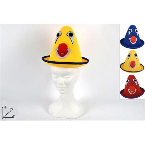 Τσόχινο καπέλο κλόουν με μύτη σε 3 χρώματα 24x24x19cm