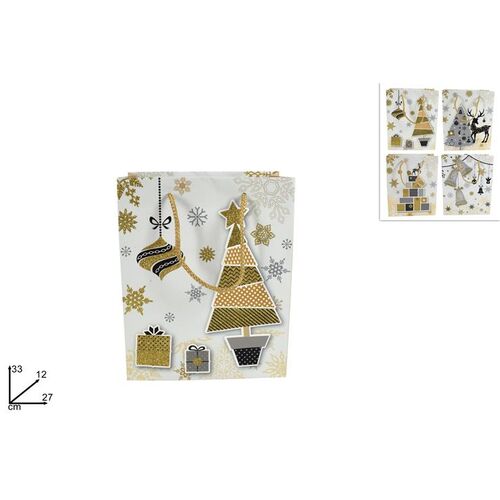 Χριστουγεννιάτικη σακούλα δώρου λευκή με χρυσές και ασημί παραστάσεις Large 27x12x33cm