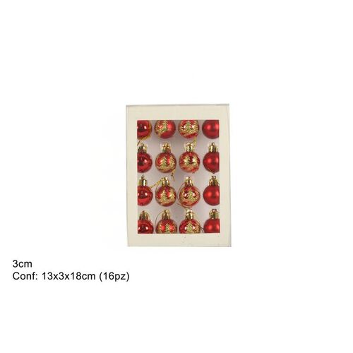 Χριστουγεννιάτικες κόκκινες μικρές μπάλες με χρυσες λεπτομέρειες 16pcs 3cm