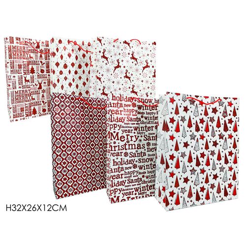 Χριστουγεννιάτικη σακούλα δώρου με glitter με κόκκινες παραστάσεις σε 6 σχέδια 26x12x32cm