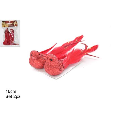 Διακοσμητικό σετ πουλάκια με κόκκινη παγιέτα και φτερά 16cm