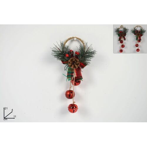 Χριστουγεννιάτικο κρεμαστό διακοσμητικό με 3 κόκκινα κουδουνάκια και καρό φιόγκο 11x21cm