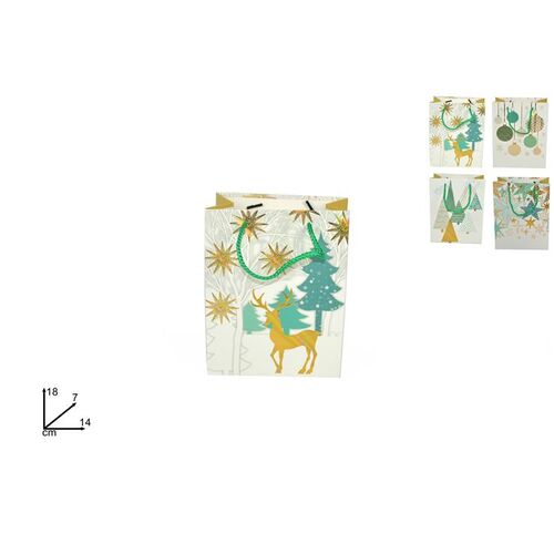 Χριστουγεννιάτικη λευκή σακούλα δώρου με 4 θεματικά σχέδια σε χρυσό και τυρκουάζ  14x7x18cm