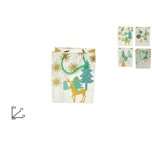 Χριστουγεννιάτικη λευκή σακούλα δώρου με 4 θεματικά σχέδια σε χρυσό και τυρκουάζ 18x10x23cm