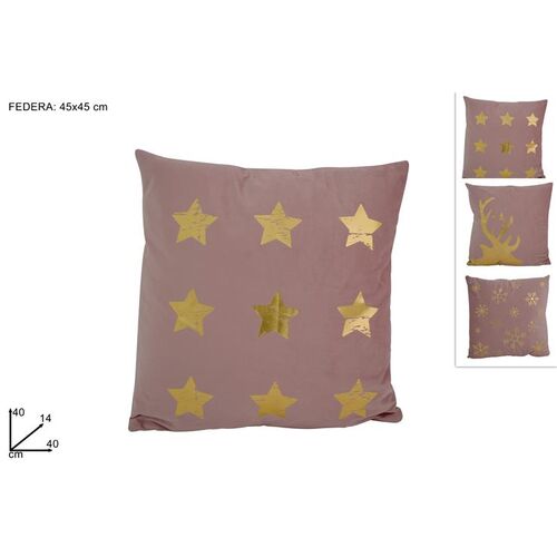 Χριστουγεννιάτικο διακοσμητικό μαξιλάρι με βελούδινη υφή & ροζ απόχρωση σε 3 χρυσά μοτίβα 45x45cm