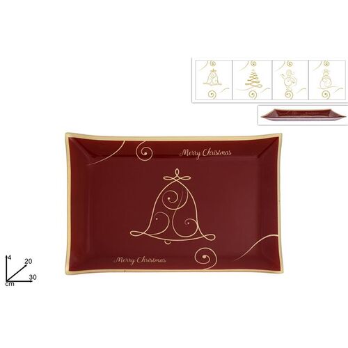 Χριστουγεννιάτικη πιατέλα γυάλινη κόκκινη με χρυσές λεπτομέρειες 30x20x4cm