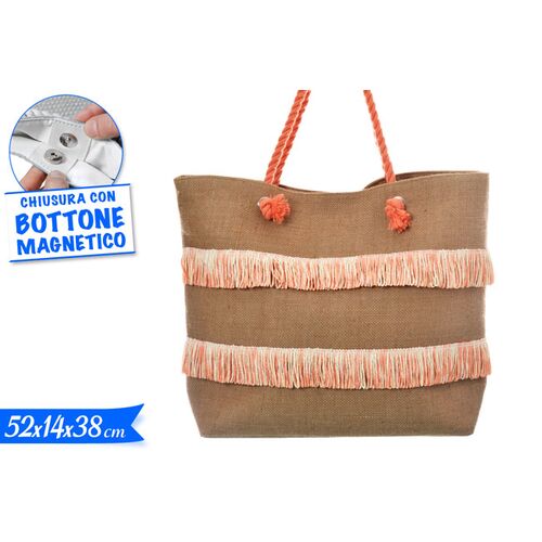 Τσάντα θαλάσσης με σχοινί και ροζ κρόσια σε καφέ απόχρωση 52x14x38cm