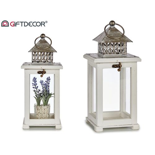 GiftDecor Ξύλινο τετράγωνο φαναράκι σε λευκό χρώμα με μικρή  μεταλλική οροφή