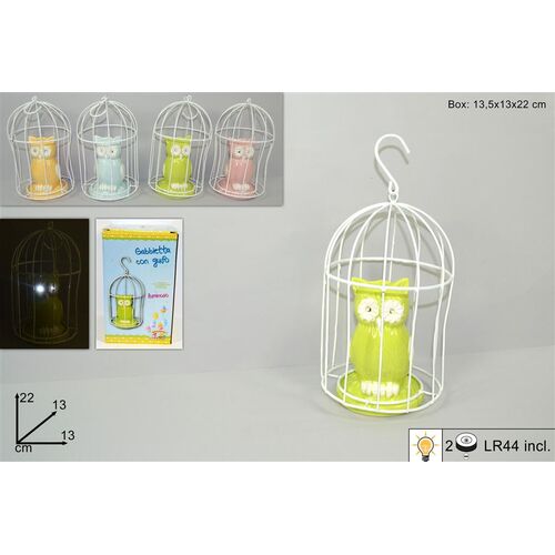 Διακοσμητική κουκουβάγια σε κλουβί με LED φως σε κίτρινο χρώμα 13x13x22cm