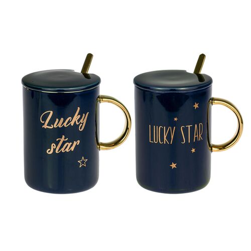 Κούπα κεραμική με καπάκι και μεταλλικό κουτάλι - Lucky Star