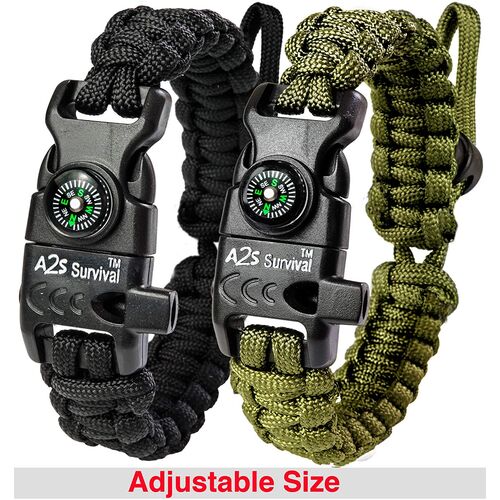 A2S Βραχιόλι Επιβίωσης Paracord με Πυξίδα & Σπινθηριστή 2τμχ Black/Green