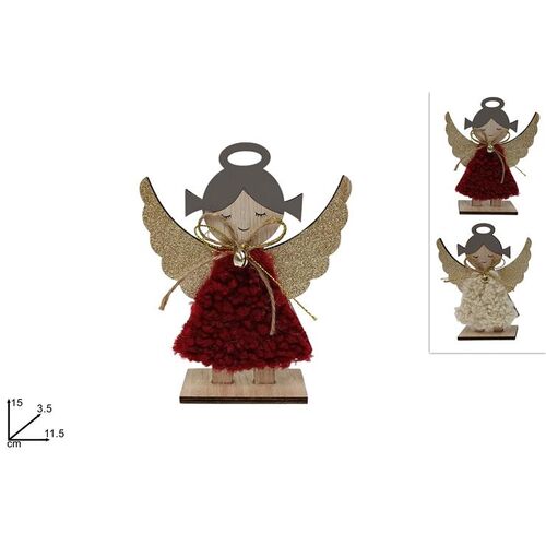 Ξύλινος άγγελος με γούνα και χρυσά φτερά σε κόκκινο χρώμα 15x3.5x11.5cm