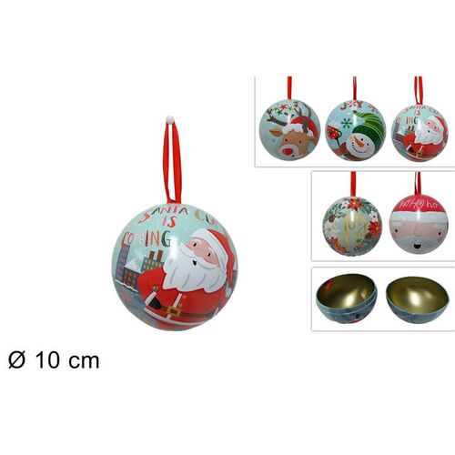 Κουτάκι κρεμαστό μεταλικό χριστουγεννιάτικο σε  σχήμα μπάλας με σχέδιο Άγιος Βασίλης σε γαλάζιο χρώμα 10cm