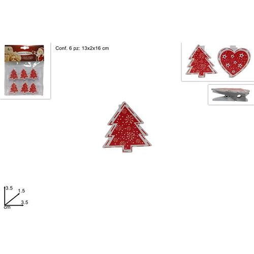 Σετ 6  χριστουγεννιάτικα μανταλάκια ξύλινα σε σχήμα έλατου σε κόκκινο χρώμα 3.5x1.5x3.5cm