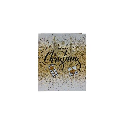 Σακούλα δώρου με χριστουγεννιάτικες παραστάσεις με διαστάσεις 14x18x7cm σε λευκό με χρυσό χρώμα σε διάφορα σχέδια