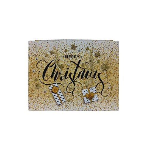 Σακούλα δώρου με χριστουγεννιάτικες παραστάσεις με διαστάσεις 23x18x10cm σε λευκό με χρυσό χρώμα σε διάφορα σχέδια