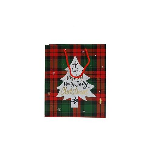 Χριστουγεννιάτικη σακούλα δώρου με σκωτσέζικο καρώ πράσινο-κόκκινο χρώμα και λευκό έλατο 20x25x10cm