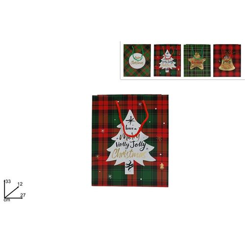 Χριστουγεννιάτικη σακούλα δώρου με σκωτσέζικο καρώ πράσινο-κόκκινο χρώμα και λευκό έλατο 27x33x12cm