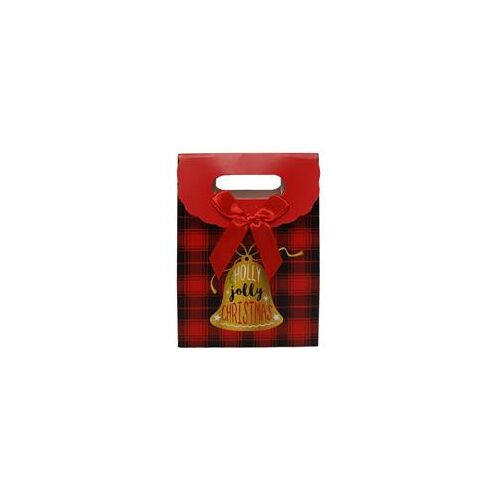 Χριστουγεννιάτικη σακούλα δώρου με σκωτσέζικο καρώ σε κόκκινο χρώμα και καμπανούλα 9x13x5cm