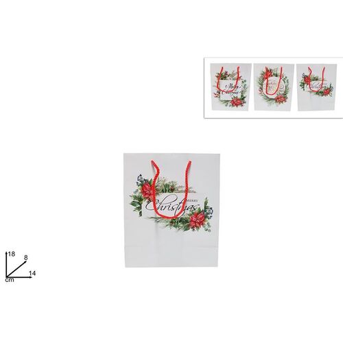 Σακούλα δώρου λευκή με χριστουγεννιάτικο μοτίβο "Merry Christmas" 18x14x8cm