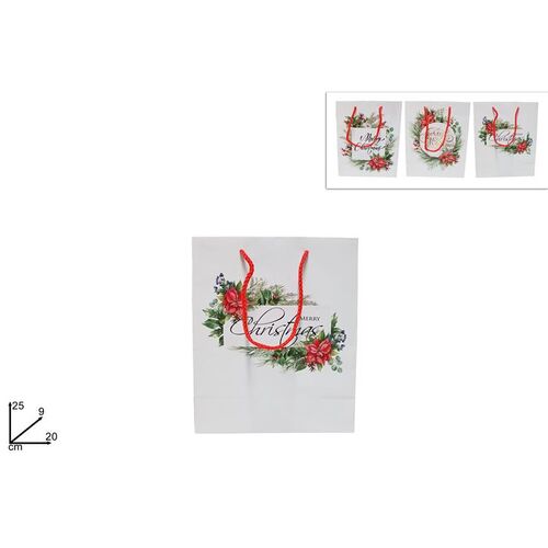 Σακούλα δώρου λευκή με χριστουγεννιάτικο μοτίβο "Merry Christmas" 25x20x9cm