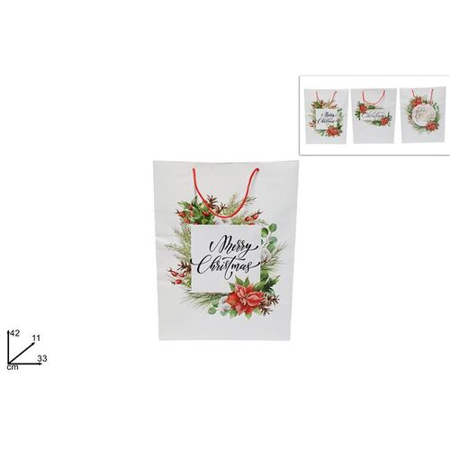 Σακούλα δώρου λευκή με χριστουγεννιάτικο μοτίβο "Merry Christmas" 42x33x11cm