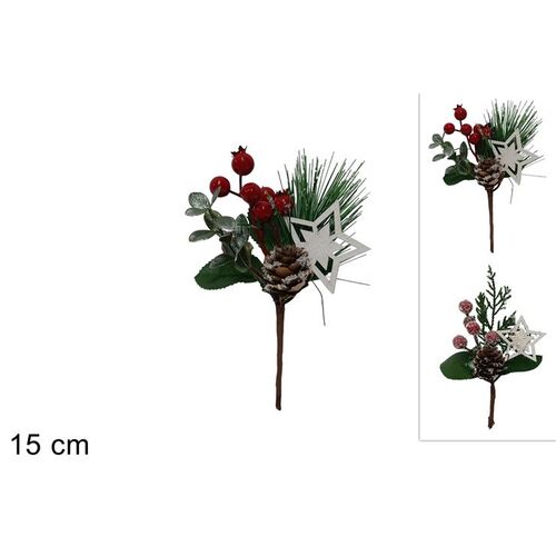Κλαδί χριστουγεννιάτικο με αστέρι, κουκουνάρια και γκι σε κόκκινο χρώμα 15cm