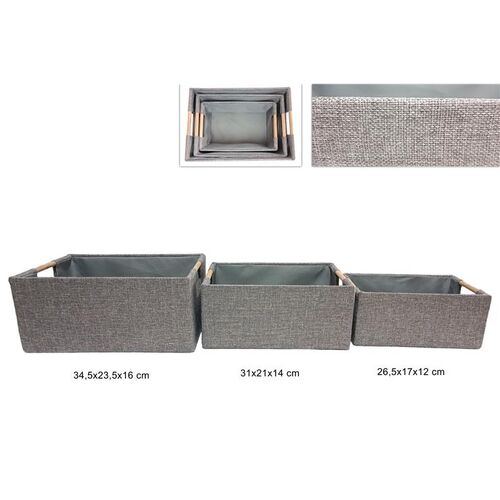 Σετ 3 καλάθια αποθήκευσης υφασμάτινα με ξύλινες λαβές σε γκρι χρώμα 34.5x23.5x16cm, 31x21x14cm &26.5x17x12cm