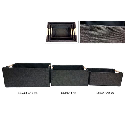 Σετ 3 καλάθια αποθήκευσης υφασμάτινα με ξύλινες λαβές σε μαύρο χρώμα 34.5x23.5x16cm, 31x21x14cm &26.5x17x12cm