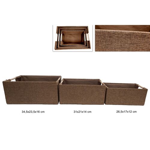Σετ 3 καλάθια αποθήκευσης υφασμάτινα με ξύλινες λαβές σε καφέ χρώμα 34.5x23.5x16cm, 31x21x14cm &26.5x17x12cm