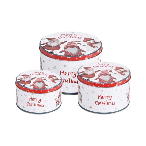Χριστουγεννιάτικα μεταλλικα κουτιά Σετ 3 τμχ σε λευκό χρώμα με κόκκινες λεπτομέρειες 13.5x13.5x8cm - 15x15x10cm -  18x18x12cm
