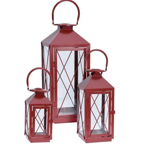 Μεταλλικά φανάρια σε κόκκινο χρώμα σετ 3τμχ σε 3 μεγέθη (18.5x18x5x5cm - 14x14x3.4cm - 10x10x2.3cm)