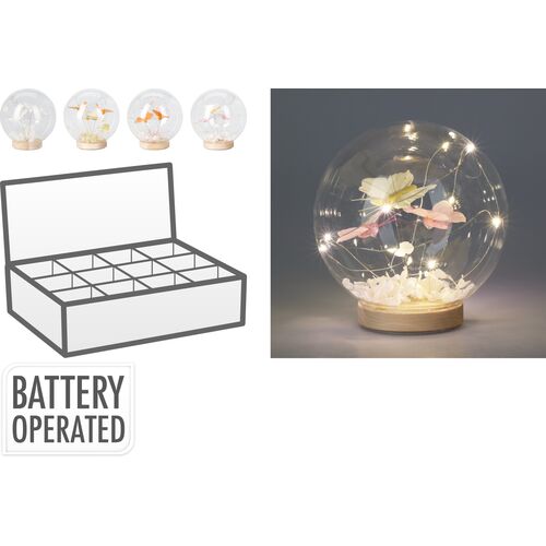 Διακοσμητική γυάλινη μπάλα σε ξύλινη βάση με πεταλούδες και led φωτάκια15x15cm