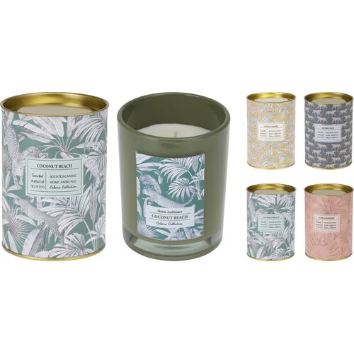 Αρωματικό κερί σε ποτήρι μέσα σε κουτάκι κύλινδρο με άρωμα Coconut Beach 8x10cm