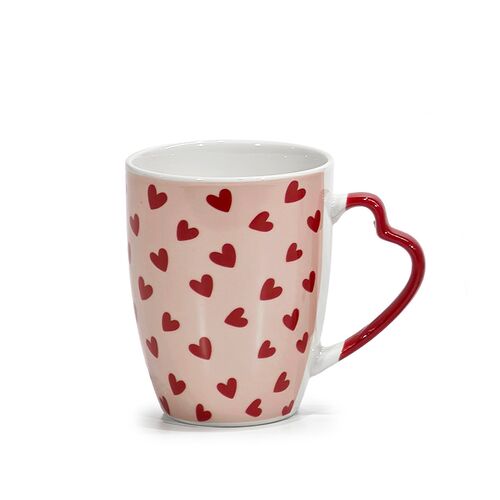 Κούπα κεραμική με λαβή καρδιά σε ροζ χρώμα με καρδούλες 330ml