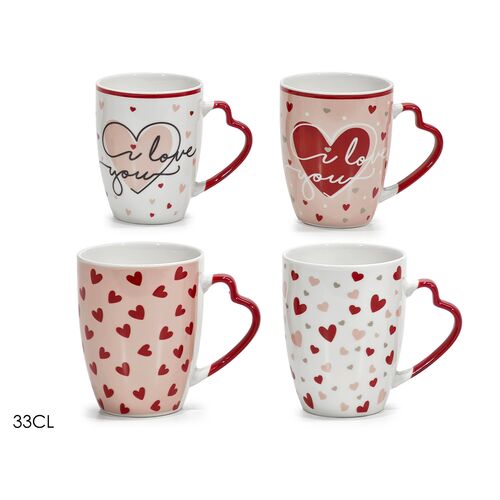 Κούπα κεραμική με λαβή καρδιά σε ροζ χρώμα με καρδούλες 330ml