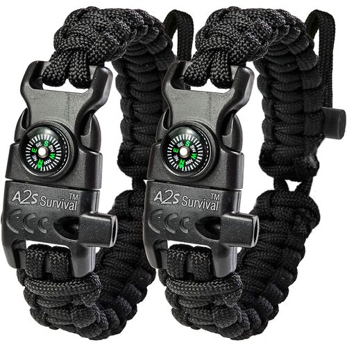 A2S Βραχιόλι Επιβίωσης Paracord με Πυξίδα & Σπινθηριστή 2τμχ Black/Black
