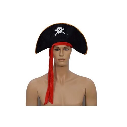 Αποκριάτικο καπέλο πειρατή σε μαύρο χρώμα με κορδέλα κόκκινη