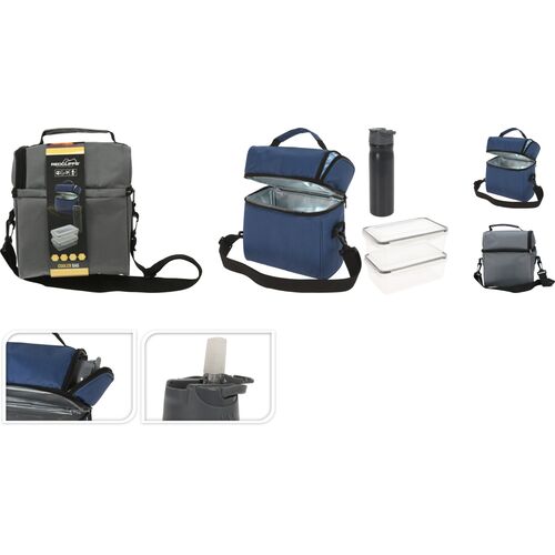 Τσάντα ψυγείο με 2 τάπερ και θερμό από ανοξείδωτο ατσάλι σε μπλε χρώμα 21x23x13cm