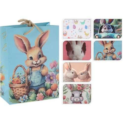 Πασχαλινή σακούλα δώρου μεσαίο μέγεθος σε γαλάζιο χρώμα με λαγουδάκι 11x6x16cm