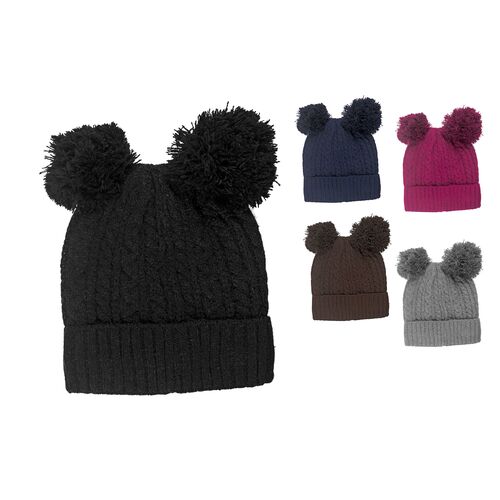 Σκούφος καφέ πλεκτός με δύο φούντες και γούνινη επένδυση