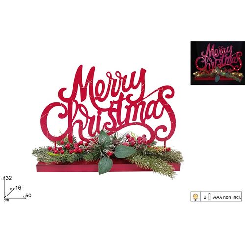 Χριστουγεννιάτικη επιγραφή «Merry Christmas» από μέταλλο με διακοσμητικό κλαδί γκι και φωτισμό LED με καλώδιο 32x16x50cm